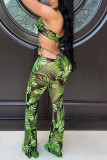 Green Sexy Print Bandage Split Joint See-through Halter Sleeveless Two Pieces