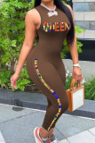 Coffee Fashion Casual Letter Print Basic O Neck Skinny Jumpsuits