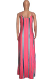 Rainbow Color Sexy Casual Striped Print Backless Spaghetti Strap Long Dress Dresses