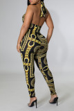 Black Fashion Sexy Not Positioning Printed Strap Design Halter Skinny Jumpsuits