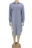 Blue Casual Striped Print Patchwork Buckle Turndown Collar Shirt Dress Dresses