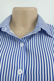 Blue Casual Striped Print Patchwork Buckle Turndown Collar Shirt Dress Dresses