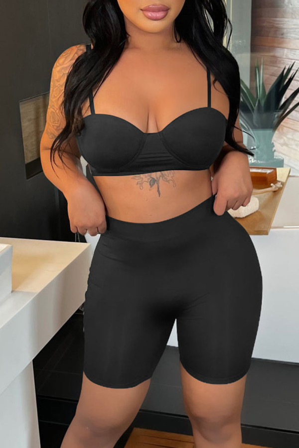 Black Sexy Solid Patchwork Spaghetti Strap Sleeveless Two Pieces