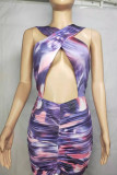 Purple Sexy Print Patchwork Draw String Fold Dresses