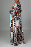 Blue Fashion Sexy Bohemian Vacation Mixed Printing Strap Design Half Sleeve Two Pieces