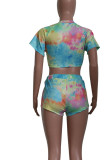 Multicolor Fashion Casual Print Split Joint O Neck Short Sleeve Two Pieces