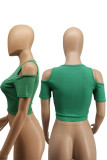 Green Casual Simplicity Solid Split Joint O Neck T-Shirts
