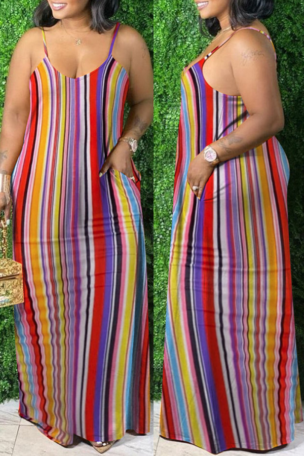 Rainbow Color Sexy Casual Striped Print Backless Spaghetti Strap Long Dress Dresses