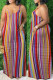 Rainbow Color Sexy Casual Striped Print Backless Spaghetti Strap Long Dress Dresses