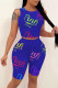 Blue Fashion Casual Letter Print Basic O Neck Sleeveless Two Pieces