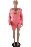 Pink Fashion Sexy Solid Hollowed Out V Neck Long Sleeve Dresses