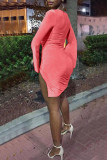 Pink Fashion Sexy Solid Hollowed Out V Neck Long Sleeve Dresses
