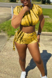 Yellow Fashion Casual Print Basic O Neck Short Sleeve Two Pieces