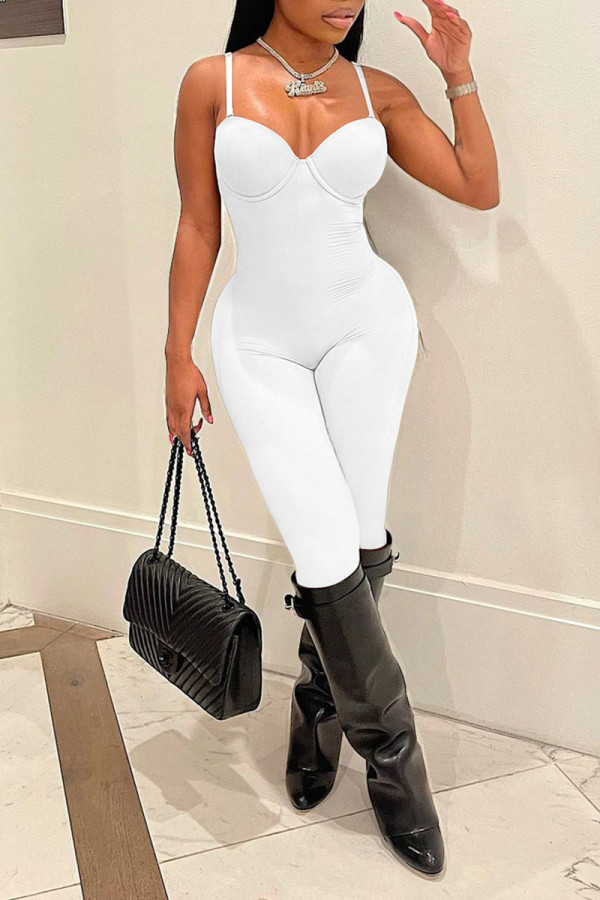 White Sexy Solid Patchwork Spaghetti Strap Regular Jumpsuits