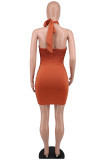 Brown Sexy Patchwork Hot Drilling Bandage Hollowed Out Backless Halter Sleeveless Dress