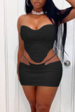 Blue Sexy Solid Patchwork Asymmetrical Strapless Sleeveless Two Pieces