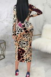 Leopard Print Sexy Print Patchwork O Neck Pencil Skirt Dresses