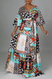 Blue Fashion Sexy Bohemian Vacation Mixed Printing Strap Design Half Sleeve Two Pieces