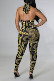 Black Fashion Sexy Not Positioning Printed Strap Design Halter Skinny Jumpsuits