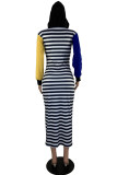 Multicolor Fashion Casual Letter Striped Print Patchwork Hooded Collar Long Sleeve Dresses