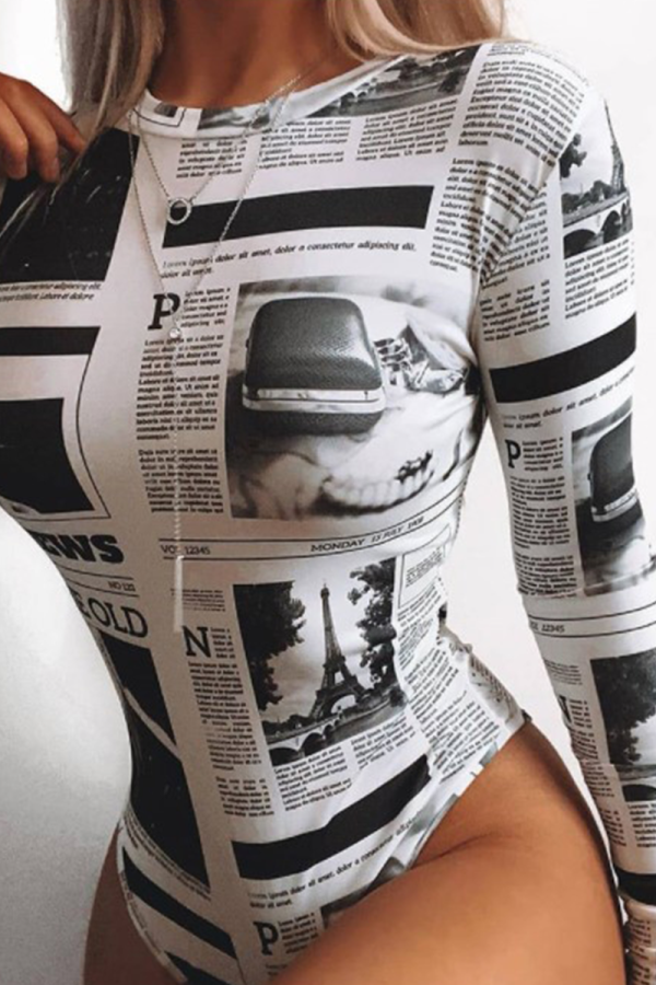 White Sexy Print Patchwork O Neck Skinny Rompers