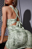 Purple Sexy Print Patchwork Draw String Fold Dresses