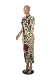 Leopard Print Sexy Print Patchwork O Neck Pencil Skirt Dresses