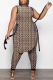 Coffee Sexy Print Patchwork O Neck Sleeveless Two Pieces