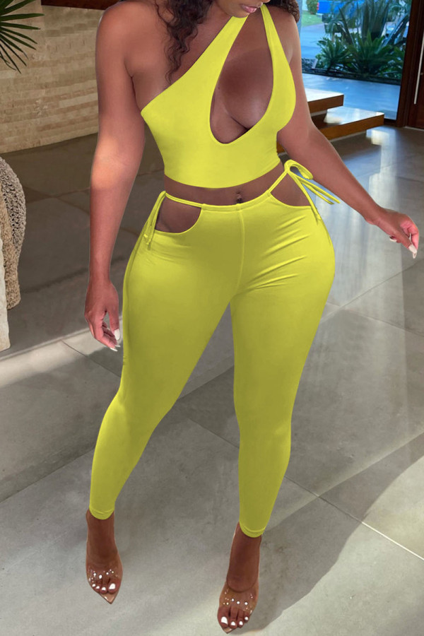 Yellow Fashion Sexy Solid Hollowed Out Backless One Shoulder Sleeveless Two Pieces