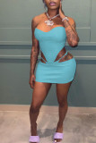 Blue Sexy Solid Patchwork Asymmetrical Strapless Sleeveless Two Pieces