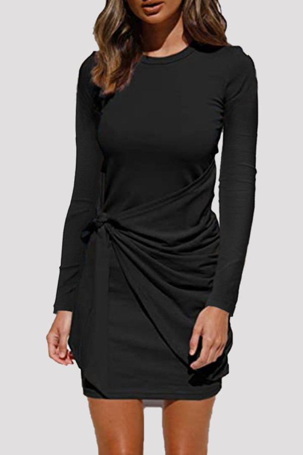 Black Fashion Casual Solid Bandage Patchwork O Neck Long Sleeve Dresses