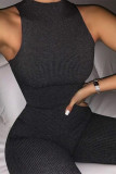 Black Casual Sportswear Solid Basic O Neck Skinny Jumpsuits