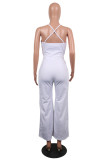 White Sexy Casual Solid Backless V Neck Regular Jumpsuits