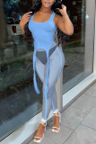 Sky Blue Sexy Solid Patchwork See-through Asymmetrical U Neck Two Pieces