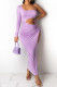 Light Purple Fashion Sexy Solid Hollowed Out Frenulum Backless Oblique Collar Long Sleeve Dresses