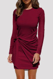 Pink Fashion Casual Solid Bandage Patchwork O Neck Long Sleeve Dresses