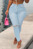 Deep Blue Casual Solid Ripped Patchwork High Waist Denim Jeans