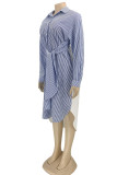 Blue Casual Striped Print Patchwork Buckle Turndown Collar Shirt Dress Dresses
