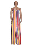 Rainbow Color Sexy Casual Striped Print Backless Spaghetti Strap Long Dress Dresses