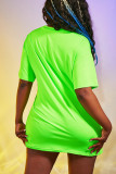 Fluorescent Green Casual Street Print Patchwork O Neck Straight Dresses