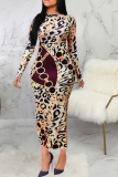 Leopard Print Sexy Print Patchwork O Neck Pencil Skirt Dresses
