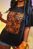 Black Casual Print Patchwork O Neck T-Shirts
