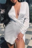 Pink Fashion Sexy Solid Patchwork Asymmetrical V Neck Long Sleeve Dresses