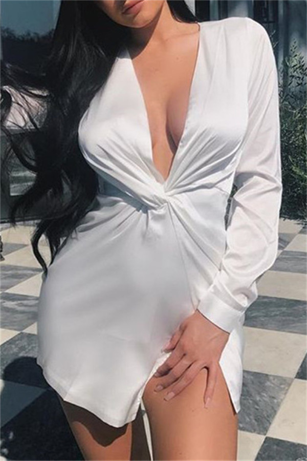 White Fashion Sexy Solid Patchwork Asymmetrical V Neck Long Sleeve Dresses
