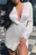White Fashion Sexy Solid Patchwork Asymmetrical V Neck Long Sleeve Dresses