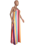 Rainbow Color Sexy Casual Striped Print Backless Spaghetti Strap Long Dress Dresses