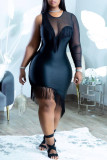 Black Fashion Sexy Patchwork Tassel See-through Asymmetrical O Neck Long Sleeve Dresses