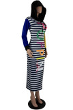 Multicolor Fashion Casual Letter Striped Print Patchwork Hooded Collar Long Sleeve Dresses