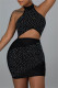 Black Sexy Patchwork Hot Drilling Bandage Hollowed Out Backless Halter Sleeveless Dress