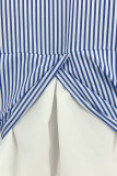 Blue Casual Striped Print Patchwork Buckle Turndown Collar Shirt Dress Dresses